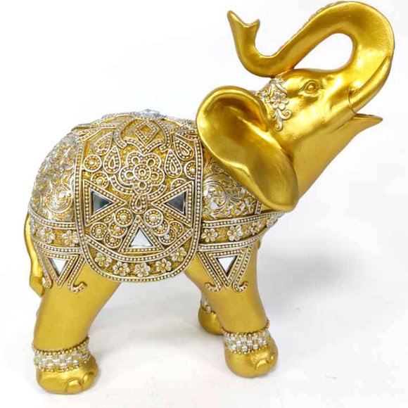 Set Of 2 Feng Shui 9”(H) Gold Color Elephants Statue With Trunk Facing Upwards - Picture 7 of 9
